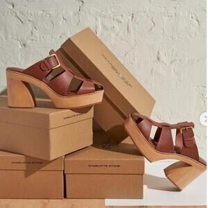 Charlotte Stone Porto Platform Clog Sandals Hickory Leather Wood Heel Size 11